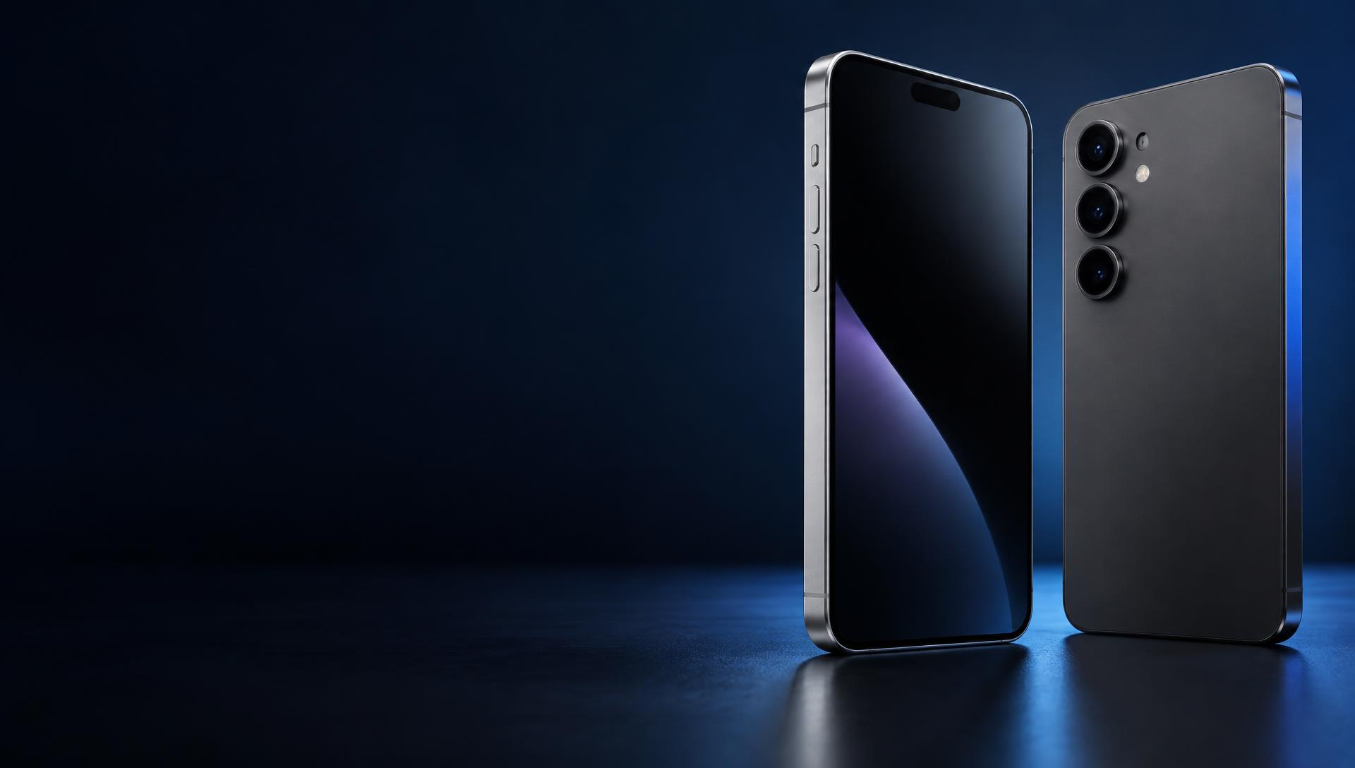 Illustrative silver iPhone-style and graphite Android-style smartphones in a cinematic studio photograph